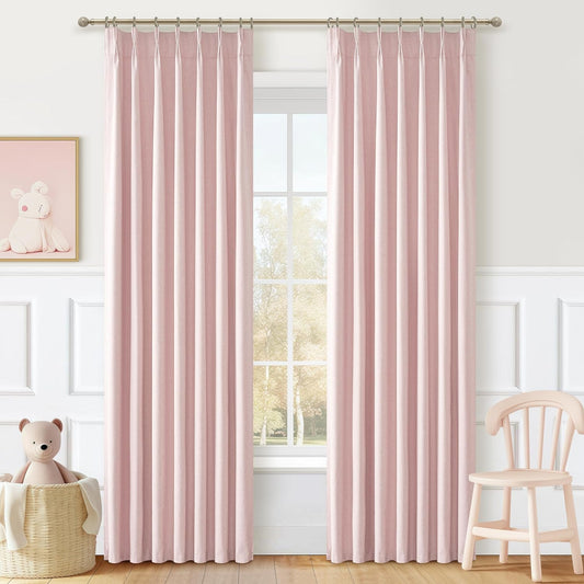 Baby Pink Modern Pinch Pleated Curtains & Drapes 84 Inch Length 2 Panels Set for Living Room, Blackout Thick Linen Blend Thermal Privacy Baby Girls Room Window Curtain with Hooks Ring 40"x84"