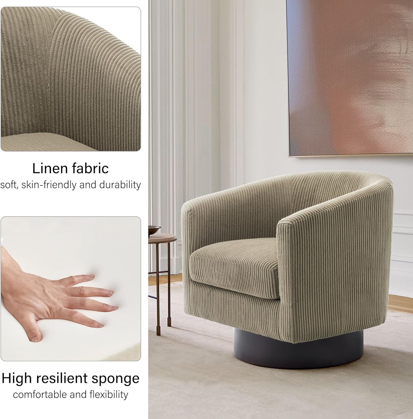 Swivel Barrel Accent Chair, Modern Round Corduroy Fabric Arm Chair for Living Room, Bedroom, Comfy Club Reading Chairs for Adults (Corduroy Camel, Set of 2)