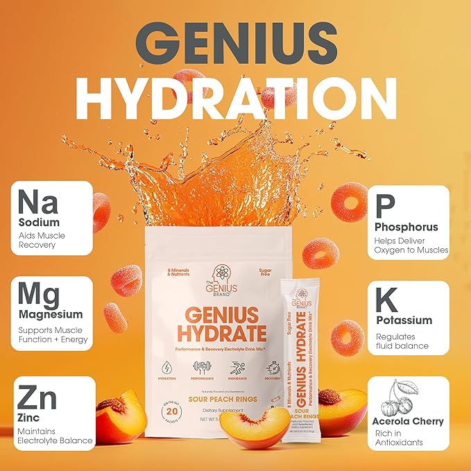 Genius Hydrate Stick Pack Powder Drink Mix - Sour Peach Rings Flavor, Natural Electrolyte Booster with Coconut Water & Potassium for Ultimate Hydration -20 Packets