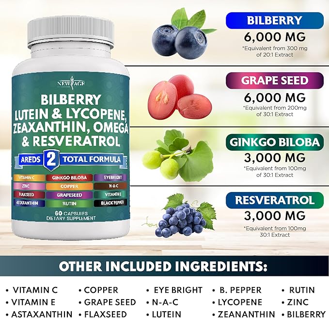 NEW AGE Eye Health Vitamins 6000mg Lutein 40mg Lycopene 40mg Resveratrol 3000mg Grape 6000mg Astaxanthin 180 Count