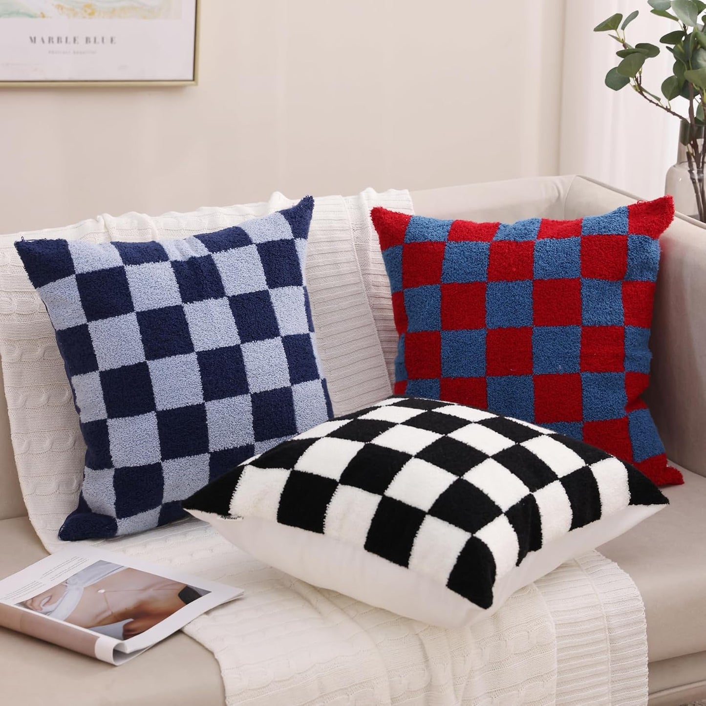 Alysheer Checkered Embroidered Decorative Throw Pillow Covers 18"x 18" Set of 2, Classic Chic Red Blue Plaid Tufted Patterned Cotton Canvas Cushion Case for Sofa Couch Bed Living Room