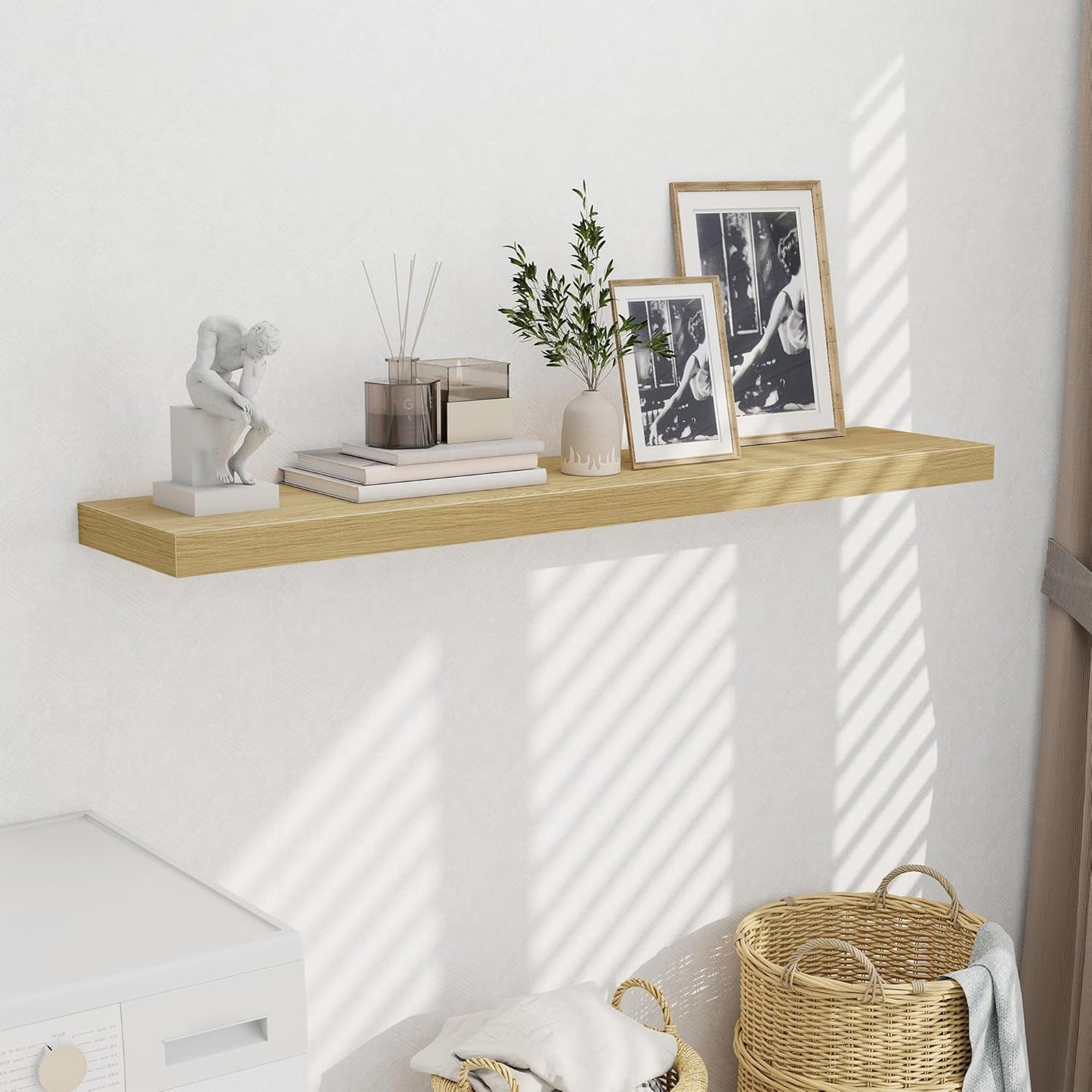 Fun Memories 55 Inch Fireplace Mentel Shelf, 10 Inch Deep Shelves for Display & Wall Storage, Rustic Wood Wall Shelf, Extra Long Floating Shelves for Living Room Laundry Room, Oak, Set of 1