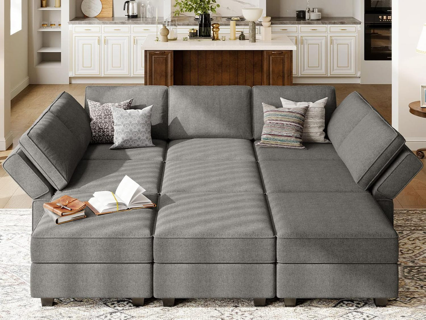 Belffin Modular Sectional Sleeper Sofa Couch with Storage Ottoman Convertible Sectional Couches for Living Room Terry Reversible Chaise. Light Grey Sofa