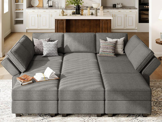 Belffin Modular Sectional Sleeper Sofa Couch with Storage Ottoman Convertible Sectional Couches for Living Room Terry Reversible Chaise. Light Grey Sofa