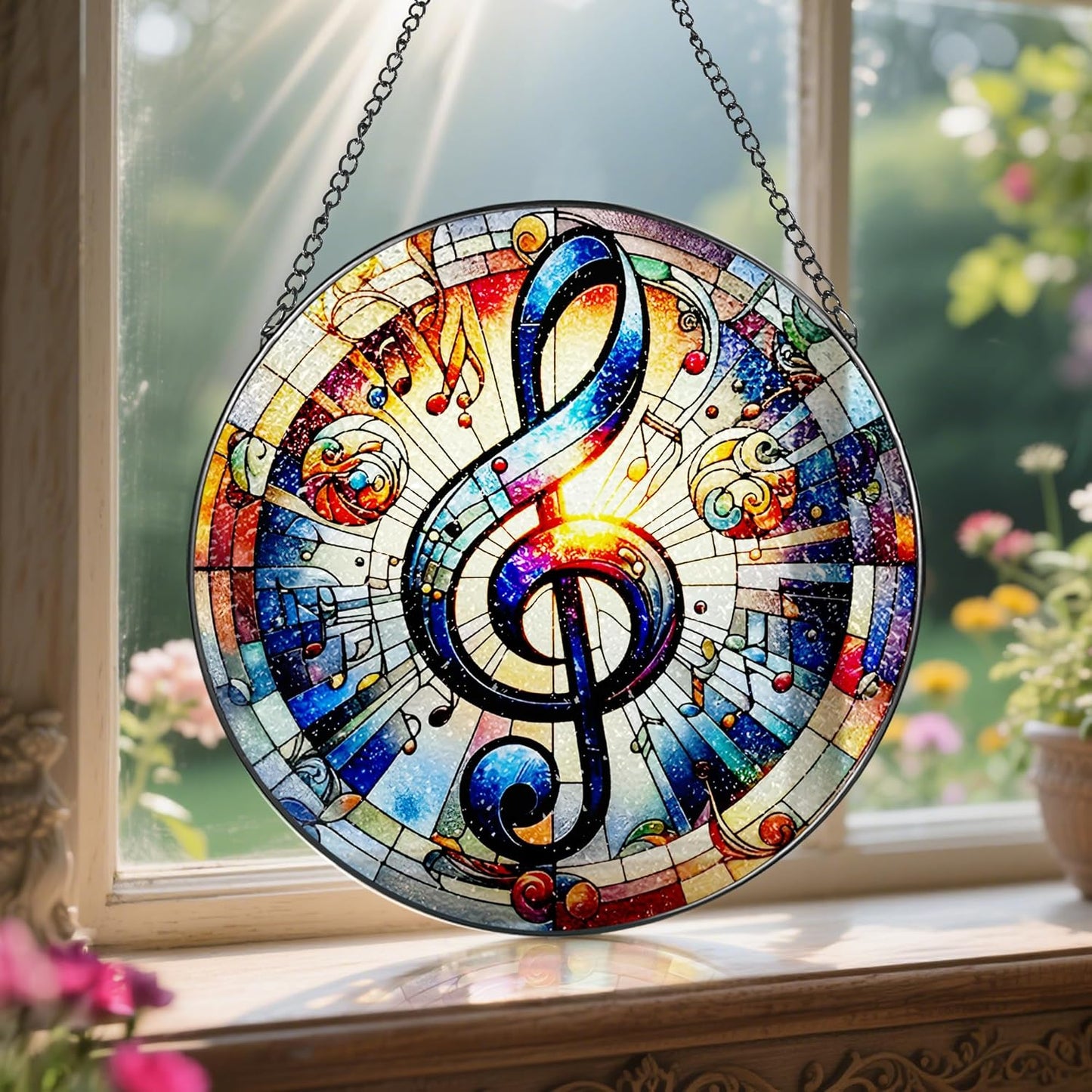 Stained Glass Window Hanging, LAOWEIKI 8'' Musical Note Suncatcher, Stained Glass Ornament, Suncatchers for Windows Hanging, Window Decor, Outdoor or Indoor, Gifts for Friends, Music Lover