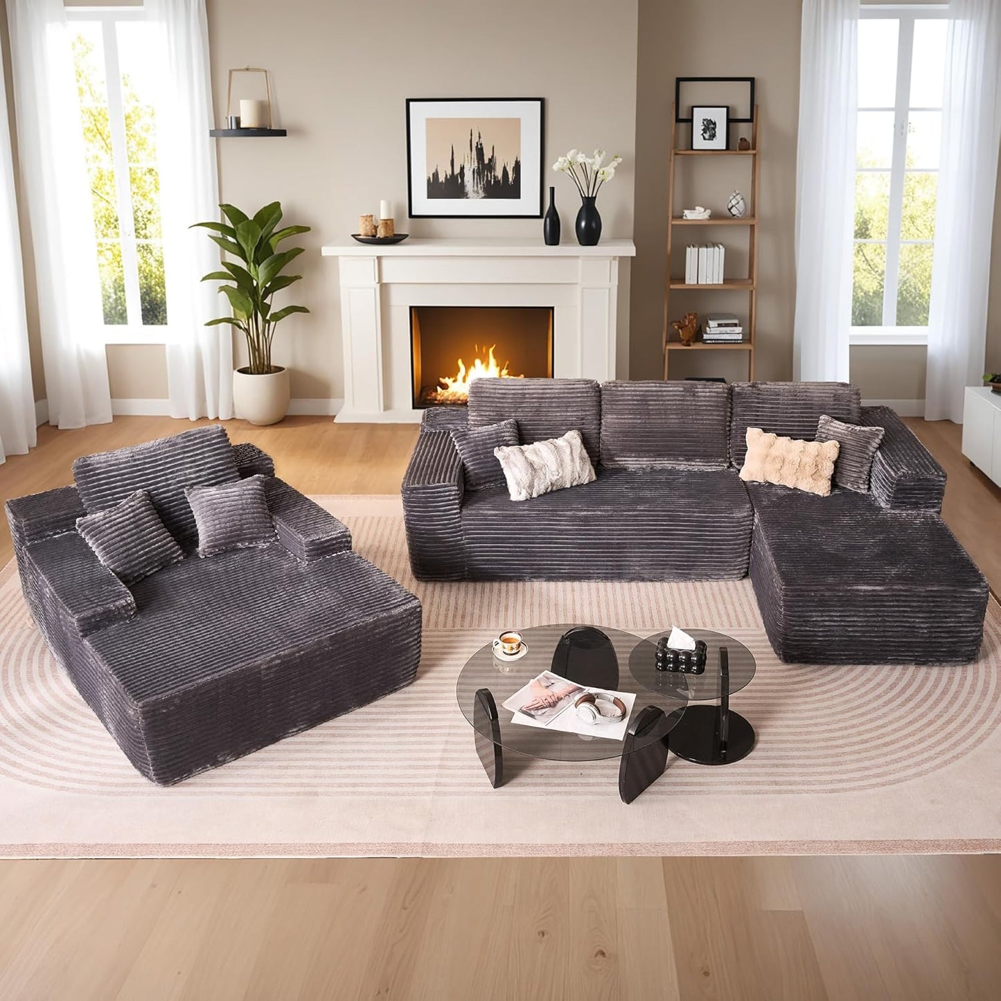 HOOOWOOO Cloud Sectional Couches for Living Room,Modular Sectional Sofa No Assembly,Plush Corduroy Large Floor Couch Furniture Set with Deep Seat Right L Shape and Chaise Lounge(Gray)