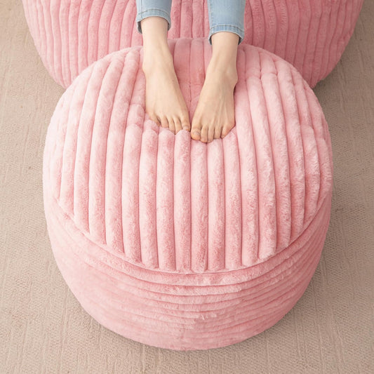 HIGOGOGO Round Stuffed Pouf Ottoman, Stripe Faux Fur Poufs with Foam Chunk Filling, Furry and Fluffy Pouf Foot Stool Storage Ottoman, 26 X 18 Floor Poufs Foot Rest for Living Room, Pink