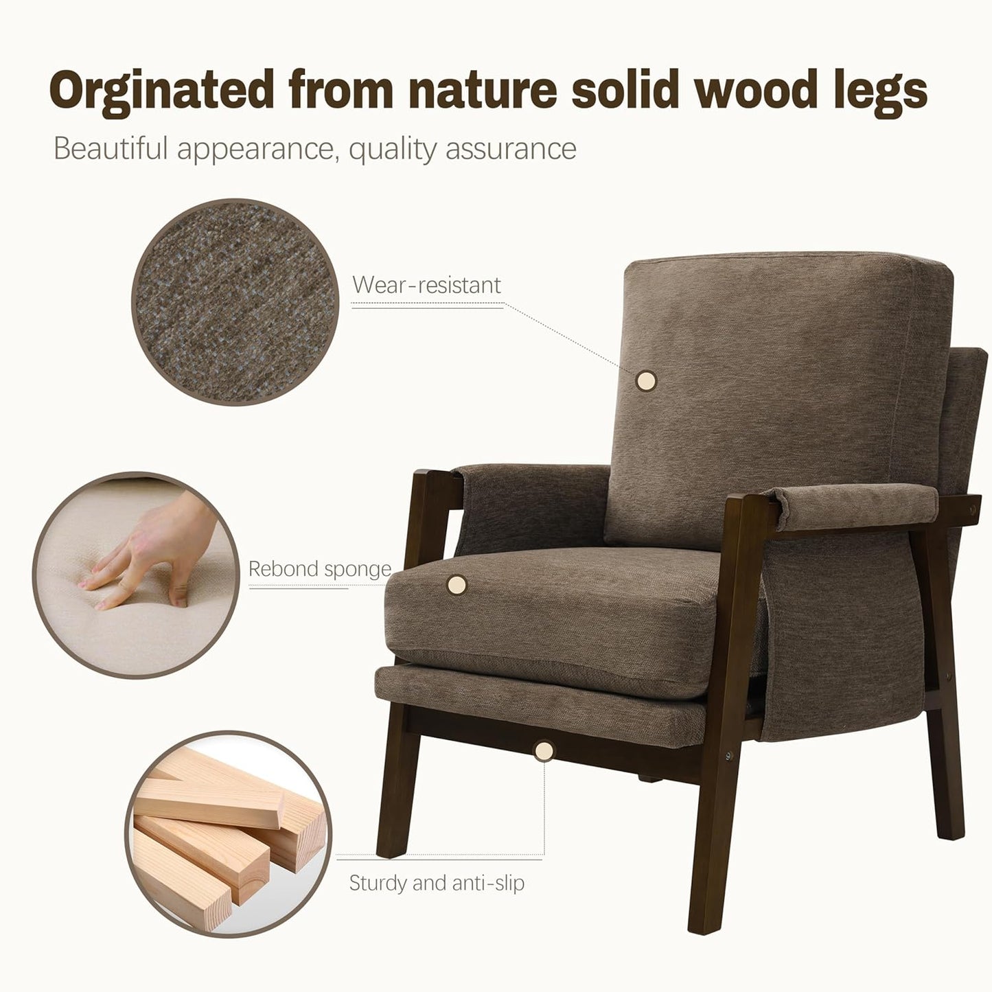 Modern Accent Chairs Set of 2 for Living Room Mid Century Arm Chairs Upholstered Bedroom Chairs Comfy Lounge Chairs with Solid Wood Frame, Dark Brown
