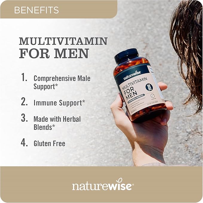NatureWise Multivitamin for Men - Daily Male Support - Minerals & Herbs for Energy, Performance, Immunity - with Vitamin A, C, D, B-Complex - Soy & Gluten-Free, Non-GMO - 90 Capsules[45-Day Supply]