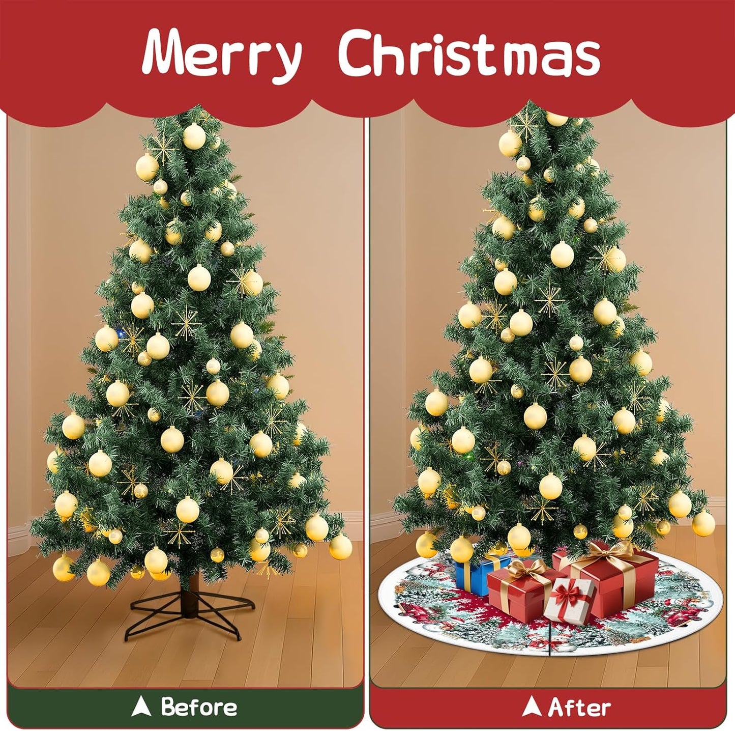 Christmas Tree Skirt 36 Inch, Red Snowman Trucker Xmas Tree Skirts, Winter Christmas Trees Mat for Home Party Holiday Indoor Outdoor Decorations