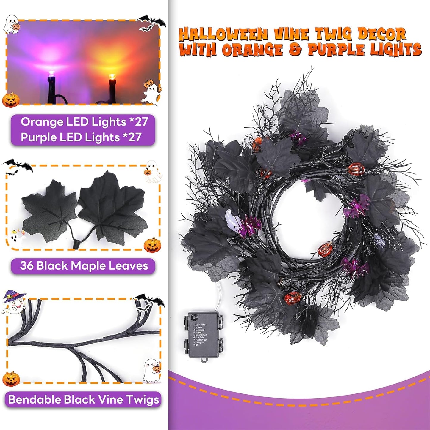 kuaima Halloween Lighted Willow Vine Twig Decor, 6.56 FT Light up Garland with Purple and Orange LED Lights for Indoor Outdoor Decor, 8 Modes, 18 Ornaments, 4 Adhesive Hooks