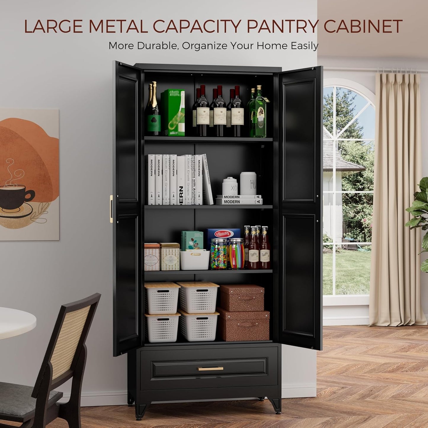 75" Kitchen Pantry Cabinet with Drawer, Metal Storage Cabinets with Doors and Adjustable Shelves, Black Tall Pantry Cabinet for Dinning Living Room, Home Office