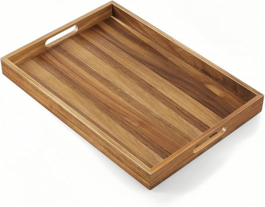 Acacia Wood Serving Tray with Handles - 17-Inch Large Wooden Tray for Ottoman - Perfect for Breakfast, Lunch, Dinner, Appetizers, Patio, Ottoman, Coffee Table,BBQ, Party – Great for Lap &Couch ﻿