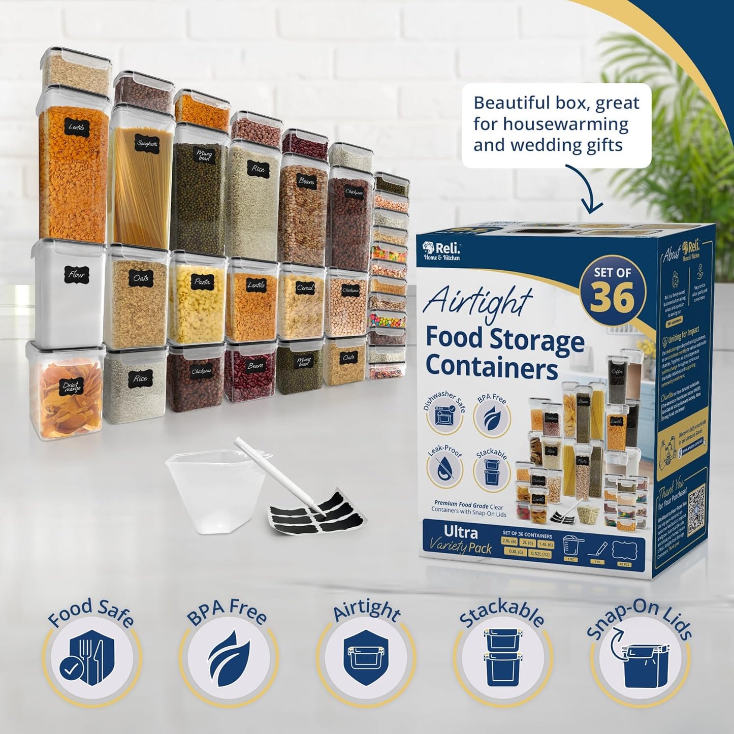 Reli. Airtight Food Storage Containers with Lids (36 Sets) | Kitchen Organizers and Storage Pantry Organizers | BPA Free Plastic Food Containers | Ultra Variety Pack w/Measuring Cup, 42 Labels, Pen