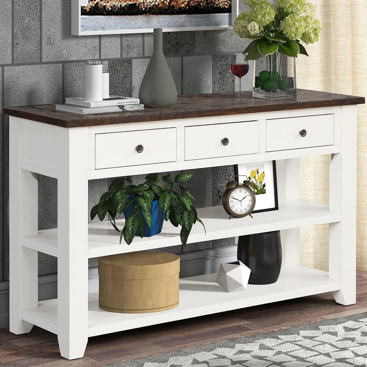 Farmhouse Wood Entryway Console Table 48-Inch Modern Sofa Entry Table with Drawers and Storage Shelves for Entrance Living Room (Antique White)