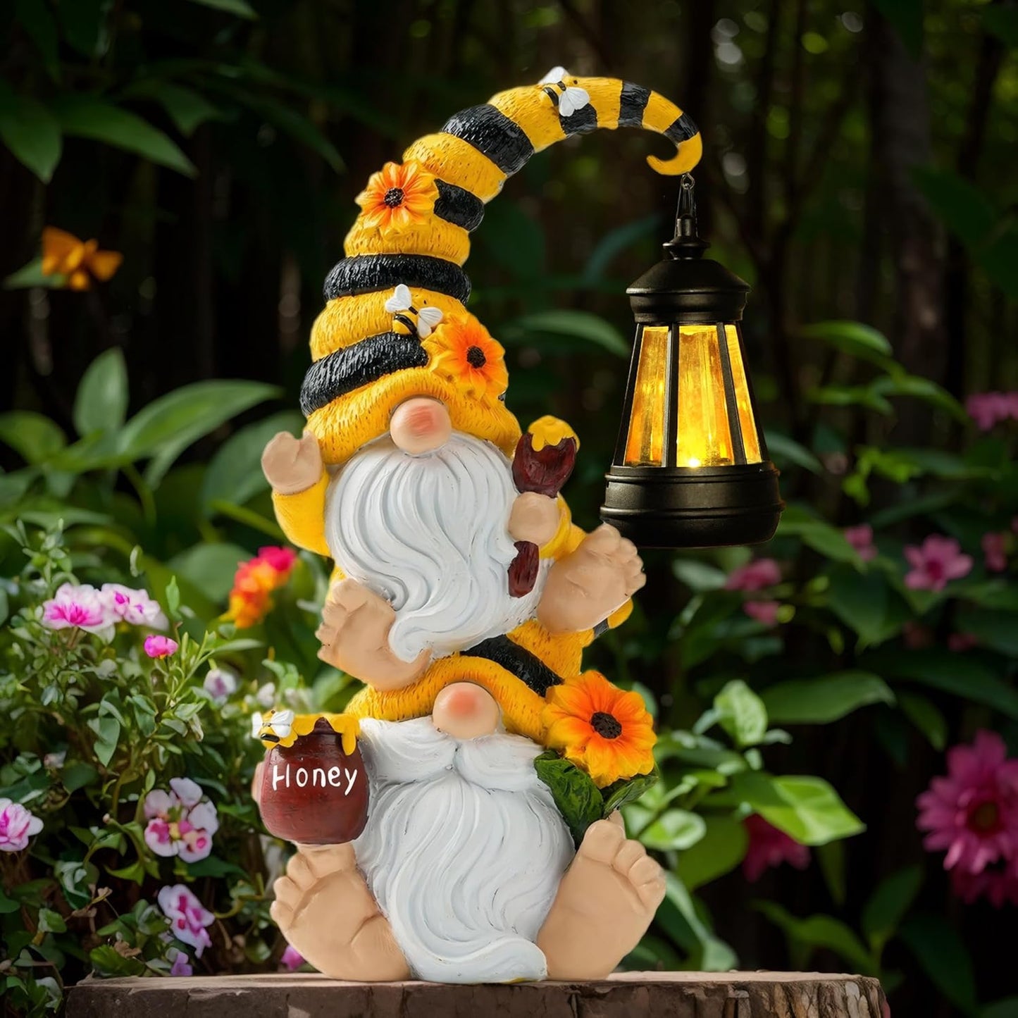 Solar Bee Garden Gnomes with LED Lantern – Waterproof Stacked Outdoor Decor for Yard, Patio – Unique Gnome Gift for Mom, Grandma, Women (Weatherproof Resin Outdoor Statues)