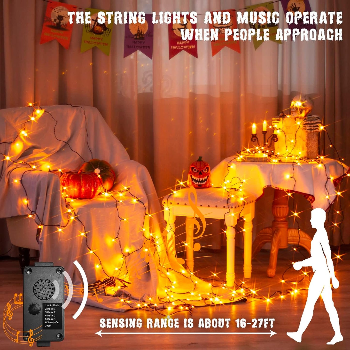 PEIDUO Halloween Lights, 82 FT 200 LED Orange String Lights, Motion Sensor Halloween Decorations, Twinkle Fairy Lights with Spooky Music for Outdoor Decor, Party Yard Indoor Outside Decoration