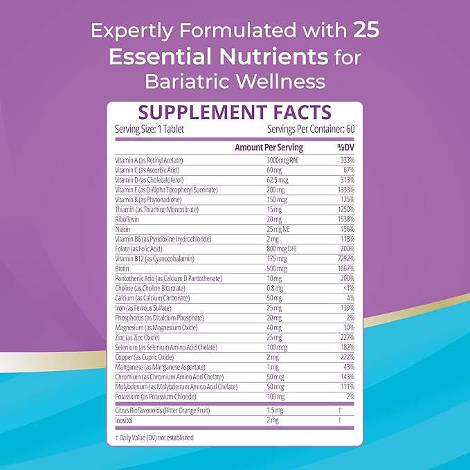 High A D E K Bariatric Multivitamin for Post DS/SADI Surgery, 25 Essential Nutrients for Post-Weight Loss Surgery, 60 Tablets, Meets ASMBS Guidelines for Bariatric Bypass