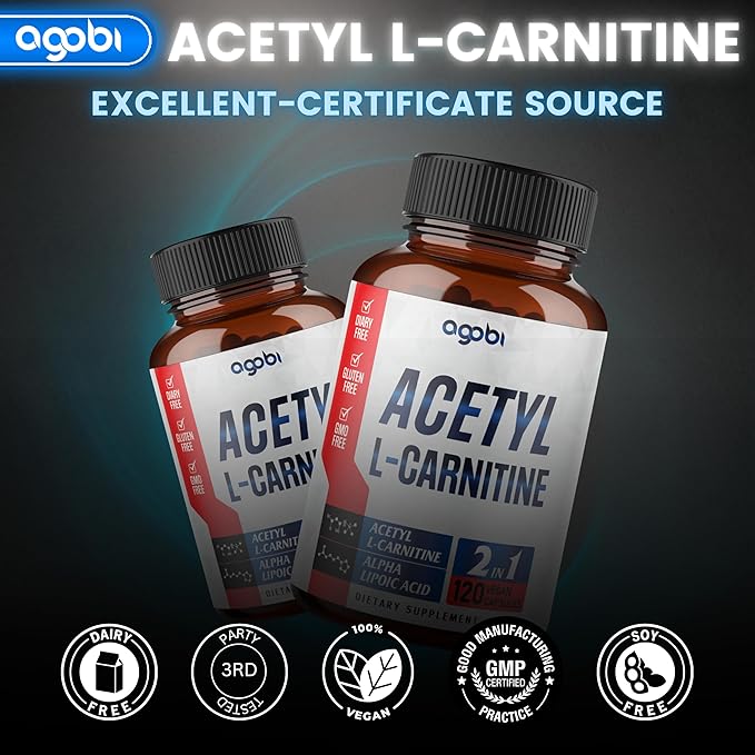 agobi Acetyl L-Carnitine & Alpha Lipoic Acid Complex 1500mg - Supplement for Brain Health, Memory, Focus & Mood Support - 120 Vegan Capsules for 2 Month Supply - Gluten-Free, Non-GMO