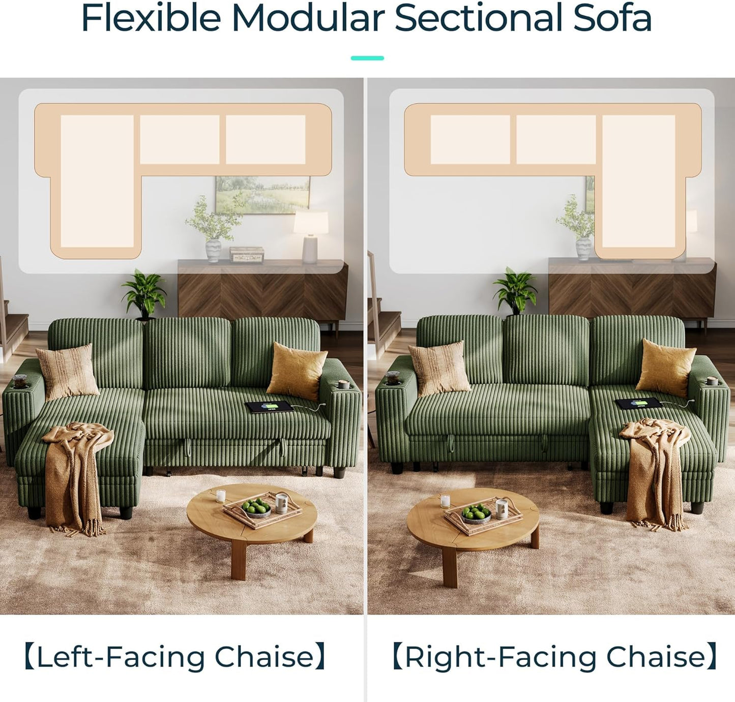 LINSY HOME Sectional Sleeper Sofa with Pull Out Couch Bed Convertible Plush Corduroy Cloud Couch with Storage Chaise & USB Charging, Comfy L Shaped Modular Couches for Living Room Apartment (Green)