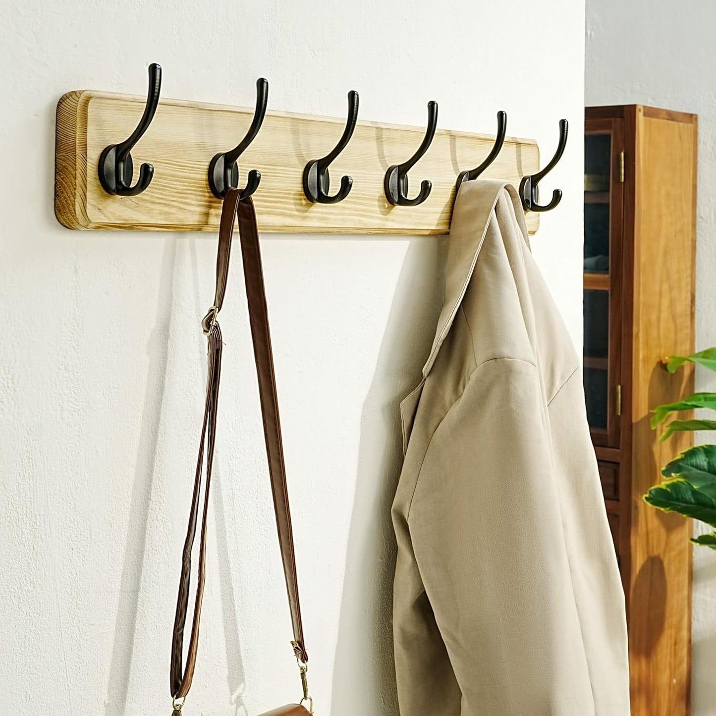 Dseap Coat Rack Wall: 24" Long, Patented, Heavy-Duty, 6-Double-Hooks Wooden Wall Mounted Coat Rack Coat Hanger Hook Rail for Winter Coats Hat Jacket Clothing, Light Brown
