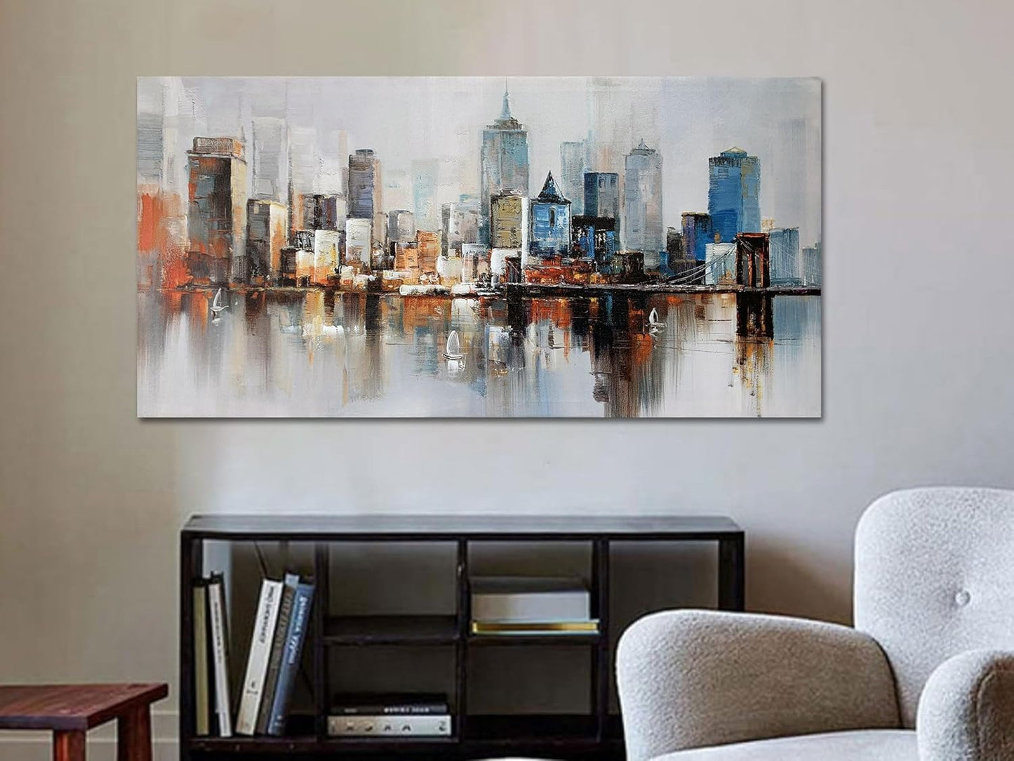 Arjun Brooklyn Bridge Wall Art Modern New York City Abstract Canvas Cityscape NY Painting Large Framed Colorful NYC Skyline Textured Picture for Living Room Bedroom Home Office Wall Decor, 48"x24"
