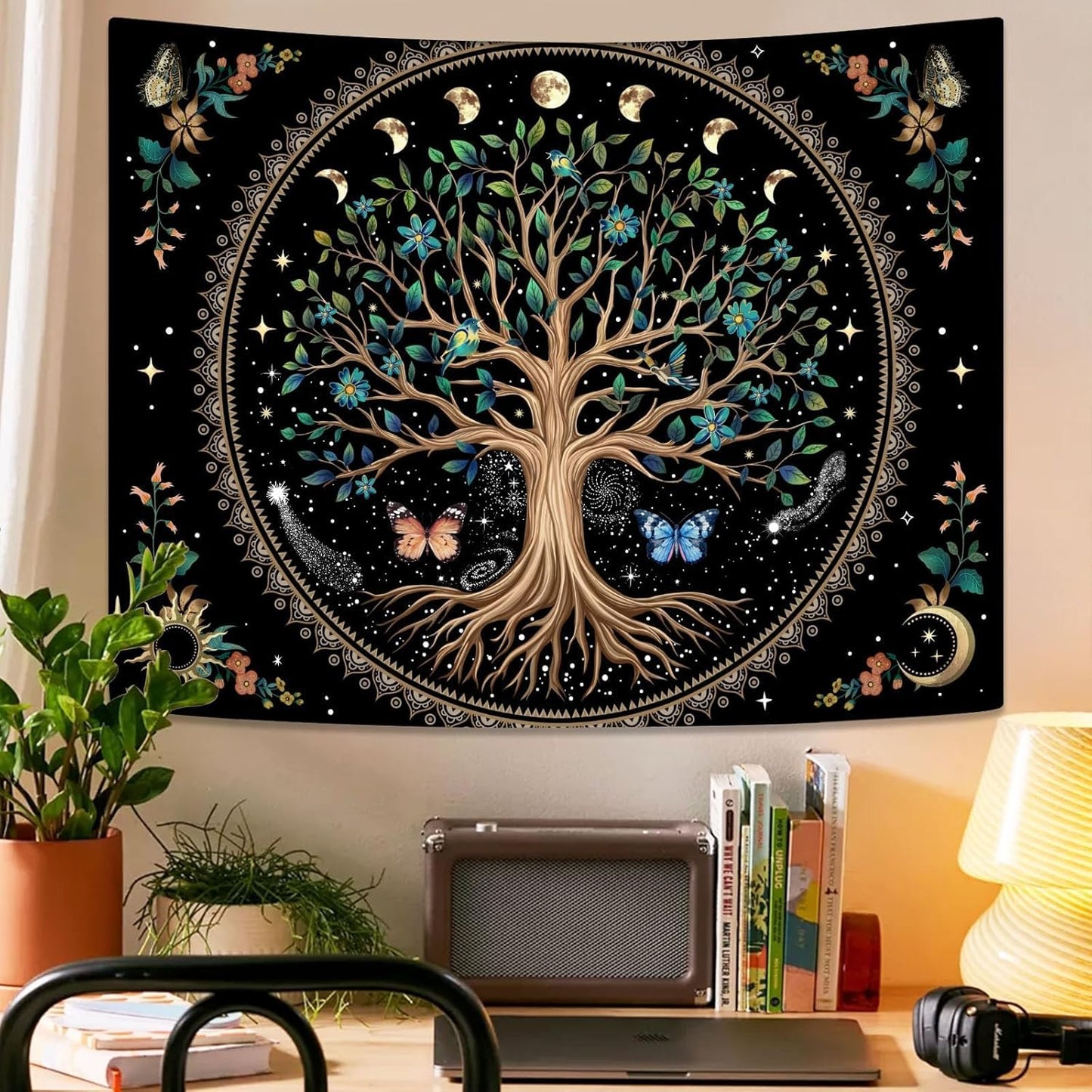 Lunerfex Tree of Life Tapastry Sun and Moon Tapastry Flower Boho Tree Mandala Wall Hanging for Bedroom and Living Room Decor Green Tree 60×80 Inches