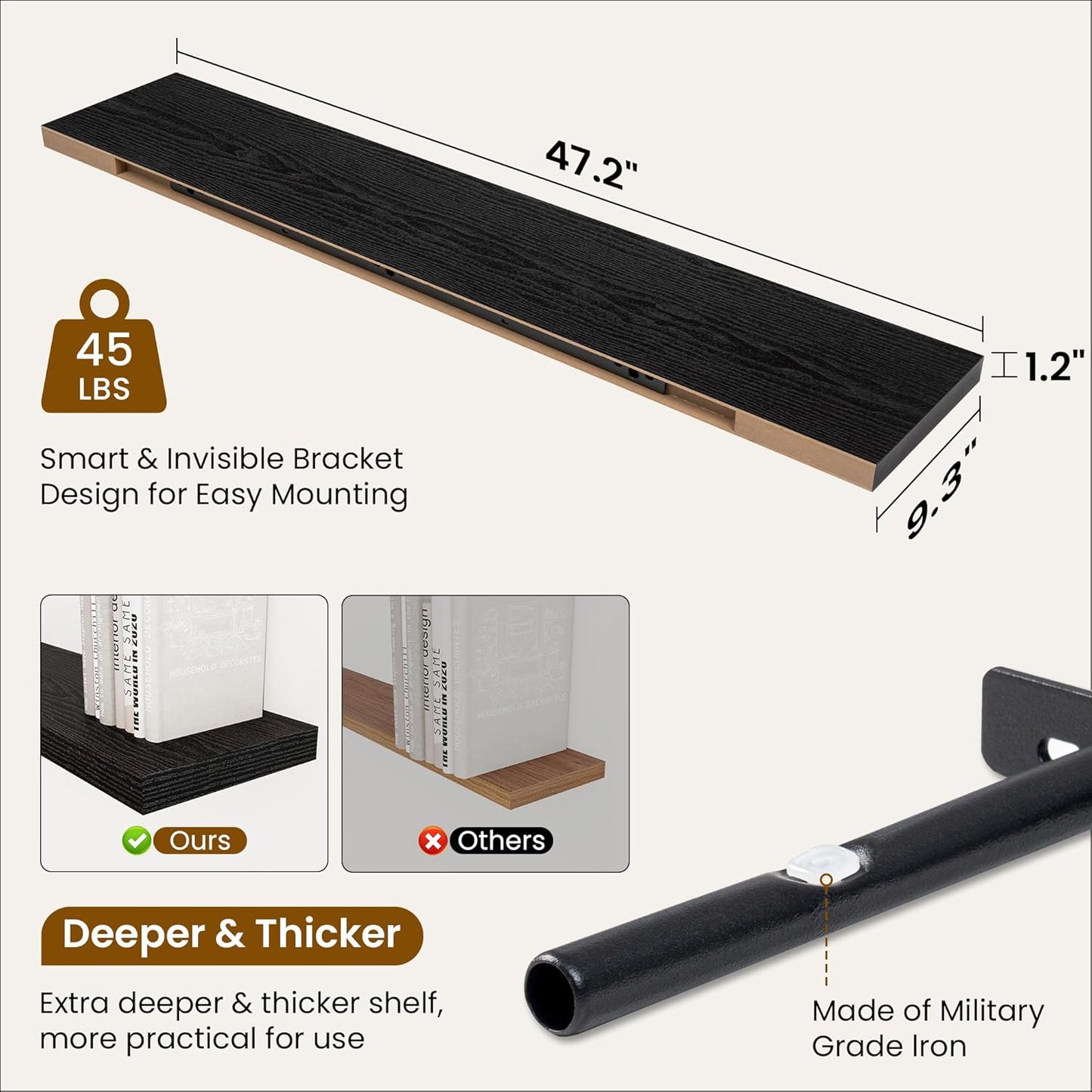 Fun Memories 48 Inch Deep Floating Shelves for Wall, 2 Pack of Long Wall Mounted Wood Shelves with Invisible Brackets for Bathroom, Bedroom, Living Room, Kitchen Decor and Storage, Black