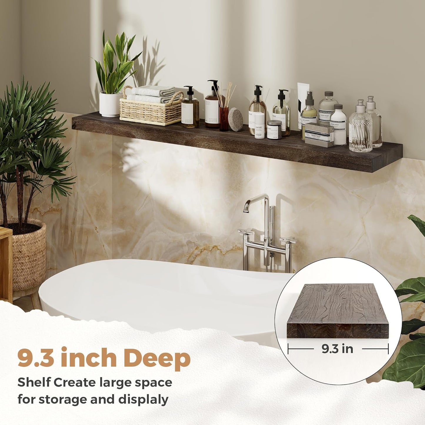 RICHFOCUS Elm Floating Shelves for Wall - 48" W x 9.3" D Rustic Solid Wood Shelves with Invisible Bracket, Wall-Mounted for Living Room, Bedroom, Kitchen Storage & Display, Set of 1, Walnut