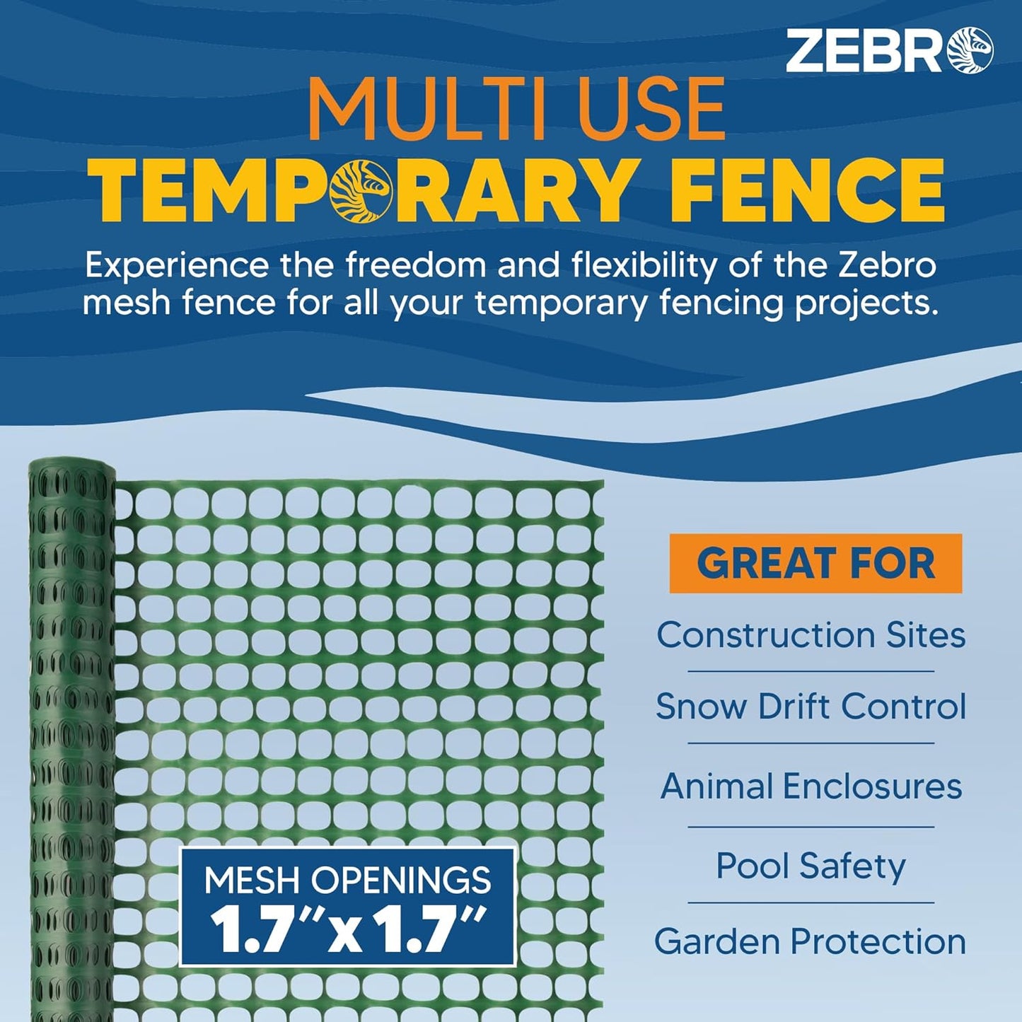 ZEBRO 4' x 100' Green Plastic Garden Fence Roll – Standard Duty Safety Netting for Snow, Poultry, Deer, Dogs – Reusable Outdoor Barrier for Yard, Landscaping, Animal Protection