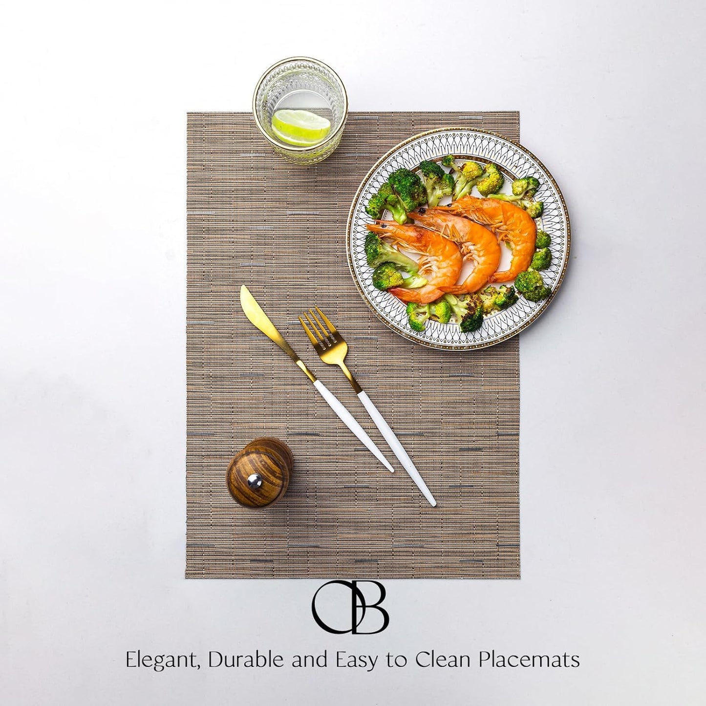 Placemats Set of 6 - Easy Clean Woven Vinyl Placemats for Dining Table, Indoor/Outdoor Place Mats, Washable PVC Table Mats （Light Brown）