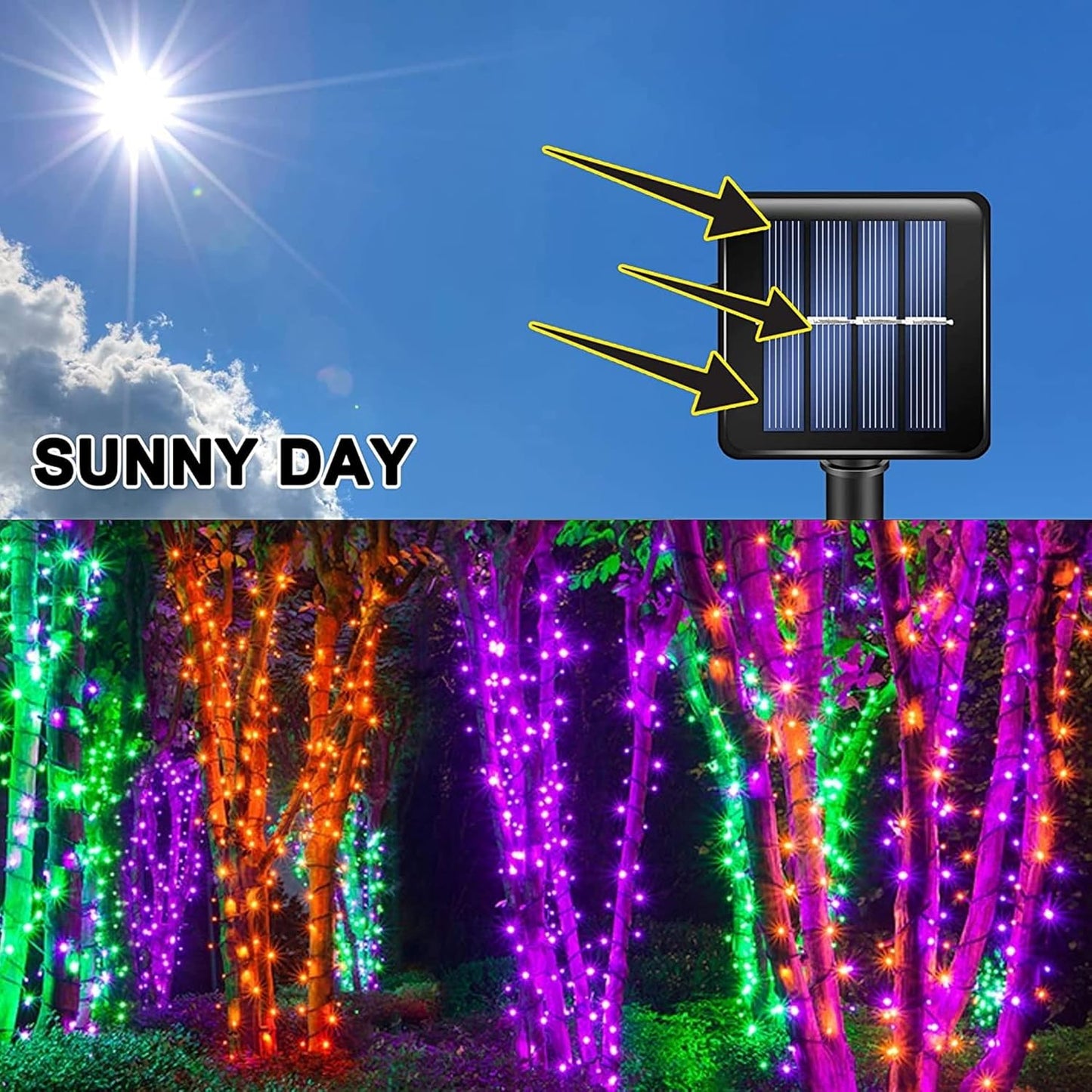 Purple and Orange Solar Halloween Lights Outdoor, Total 80 FT 240 LED Solar Powered Waterproof Fairy Lights 8 Modes Copper Black Wire Lights for Halloween Party Tree Wedding Yard Decorations, 2 Pack