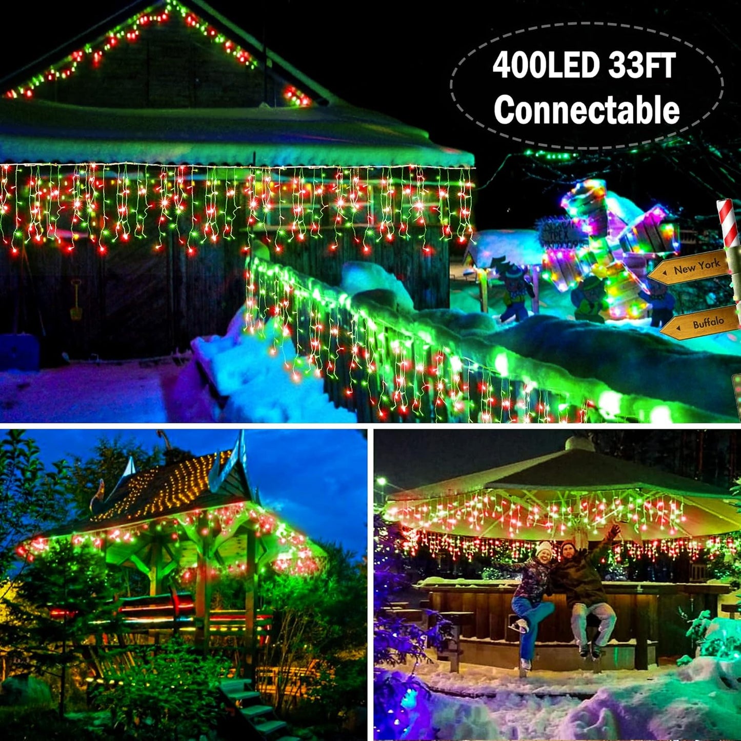 KNONEW Christmas Lights Outdoor Decorations 400 LED 33ft 8 Modes Curtain Fairy String Light with 75 Drops, Clear Wire LED String Light Indoor Decor for Wedding Party Christmas (Red and Green)