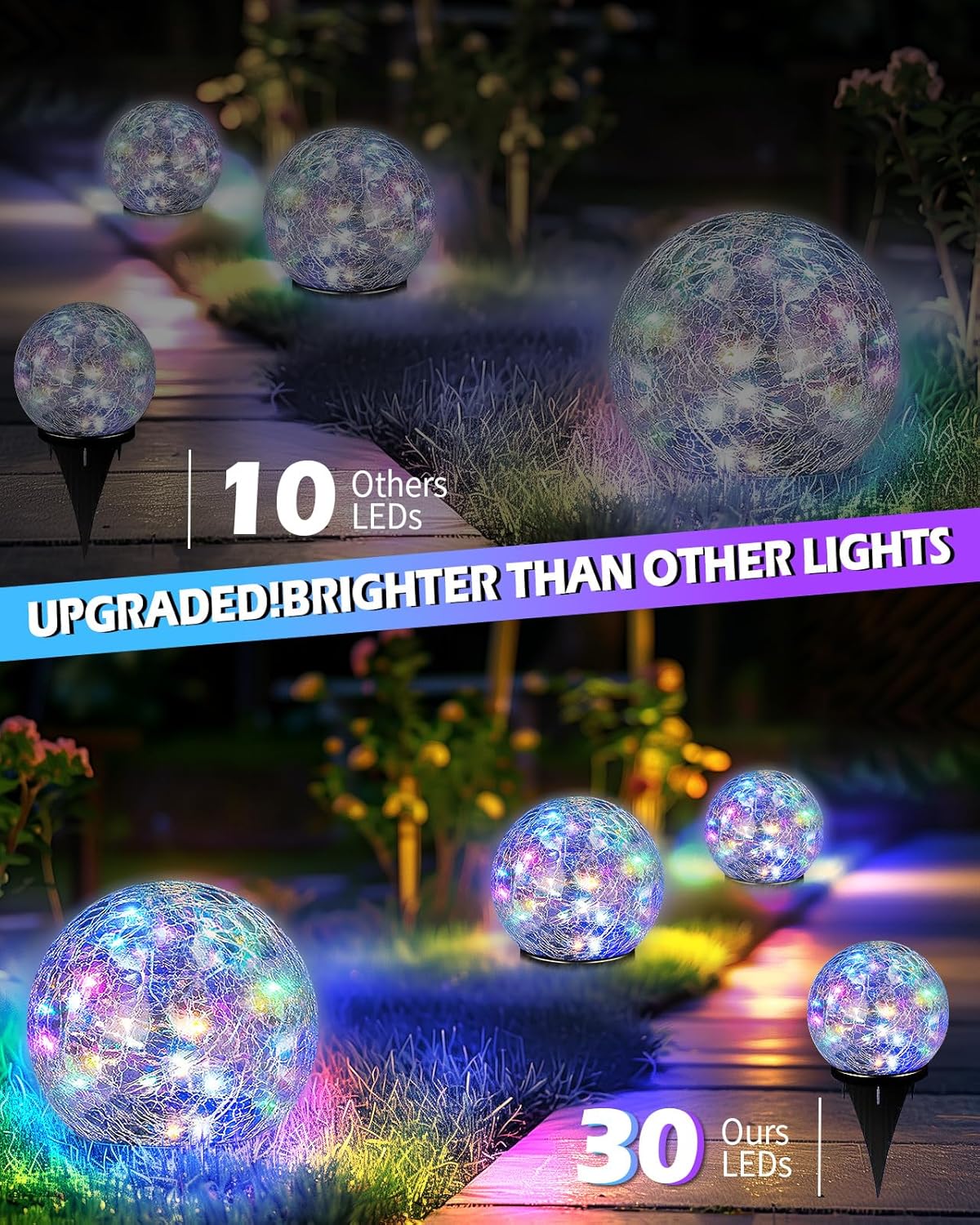 Garden Solar Ball Lights Outdoor Waterproof, 30 LED Cracked Glass Globe Solar Power Ground Lights for Path Yard Patio Lawn, Christmas Decoration Landscape Colorful (2 Pack 3.9'')