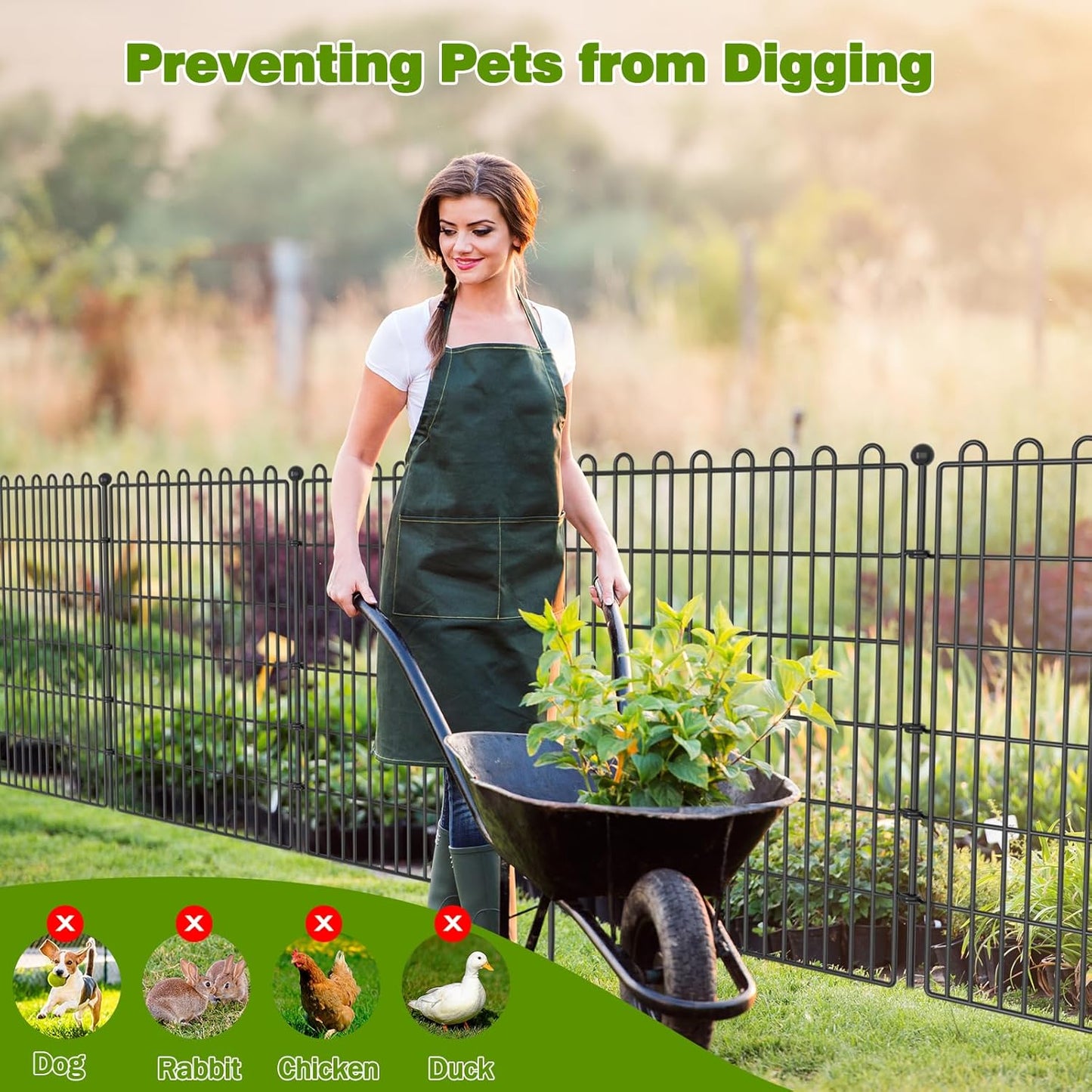 4 Panels No Dig Decorative Garden Fence with Gate for Yard, 48 in(H) X 10.5 ft(L) Animal Barrier Fencing for Outdoor Dog, Metal Portable Garden Fences for Borders, Pets, Landscape, Temporary Fence