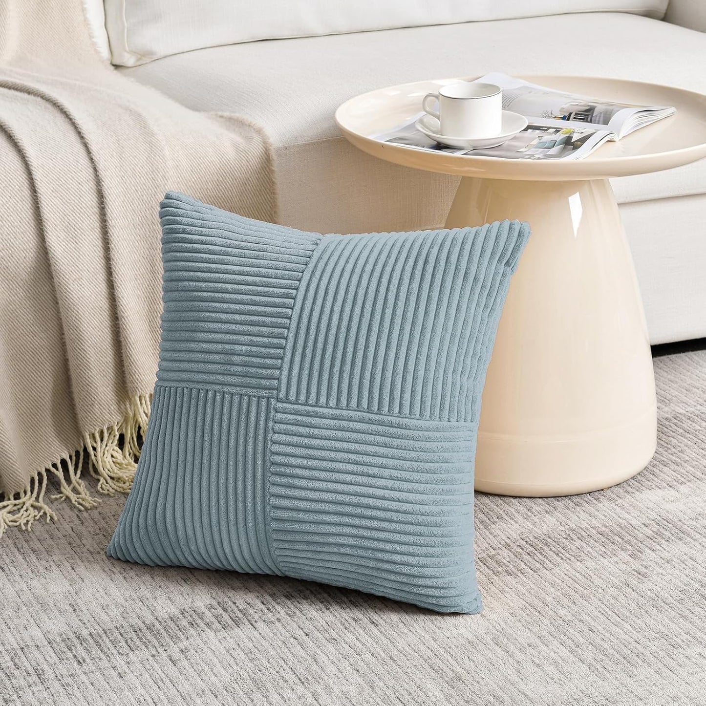 Fancy Homi Set of 2 Light Blue Samll Decorative Throw Pillow Covers 18x18 Inch with for Couch Bed Sofa Living Room, Soft Cross Patchwork Striped Corduroy Coastal Blue Square Cushion Case 45x45 cm