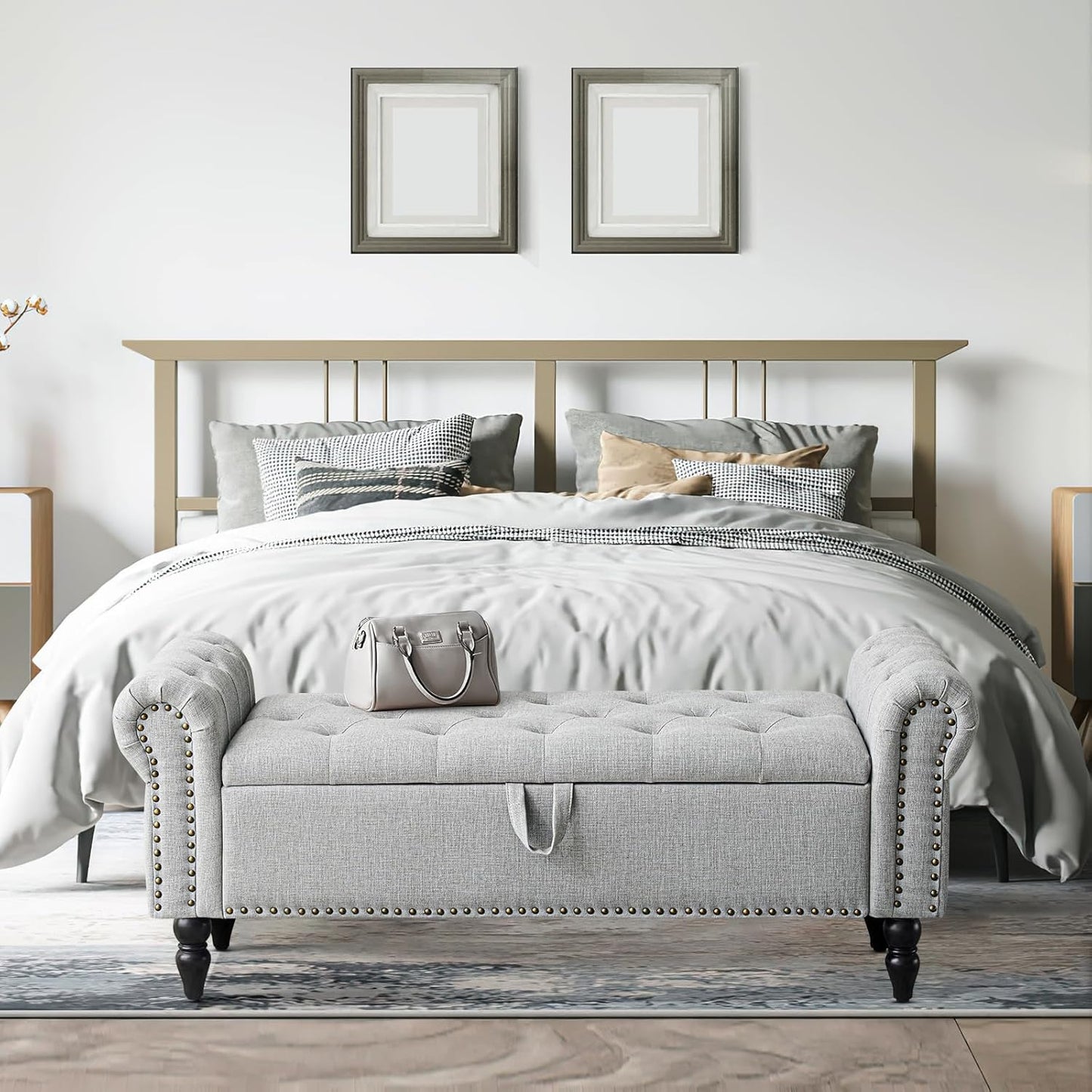 Furniliving 51” Bedroom Bench, End of Bed Bench with Button-Tufted Large Upholstered Storage Bench Ottoman Linen Window Benches with Storage Shoe Cabinet, for Bedroom, Entryway, Closet, Grey