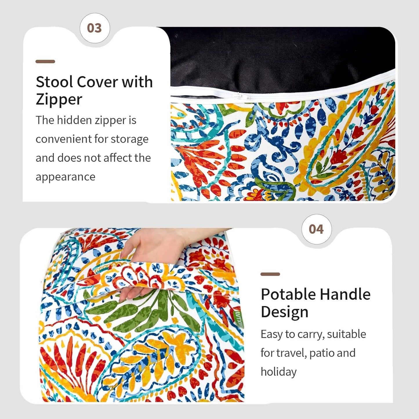 Inflatable Ottoman Stool D21 xH9 for Outdoor/Indoor Use, Water Repellent Patio Foot Rest Stool with Portable Handle,Round Pouf Ottoman Suitable for Garden,Deck and Camping - Paisley Multi