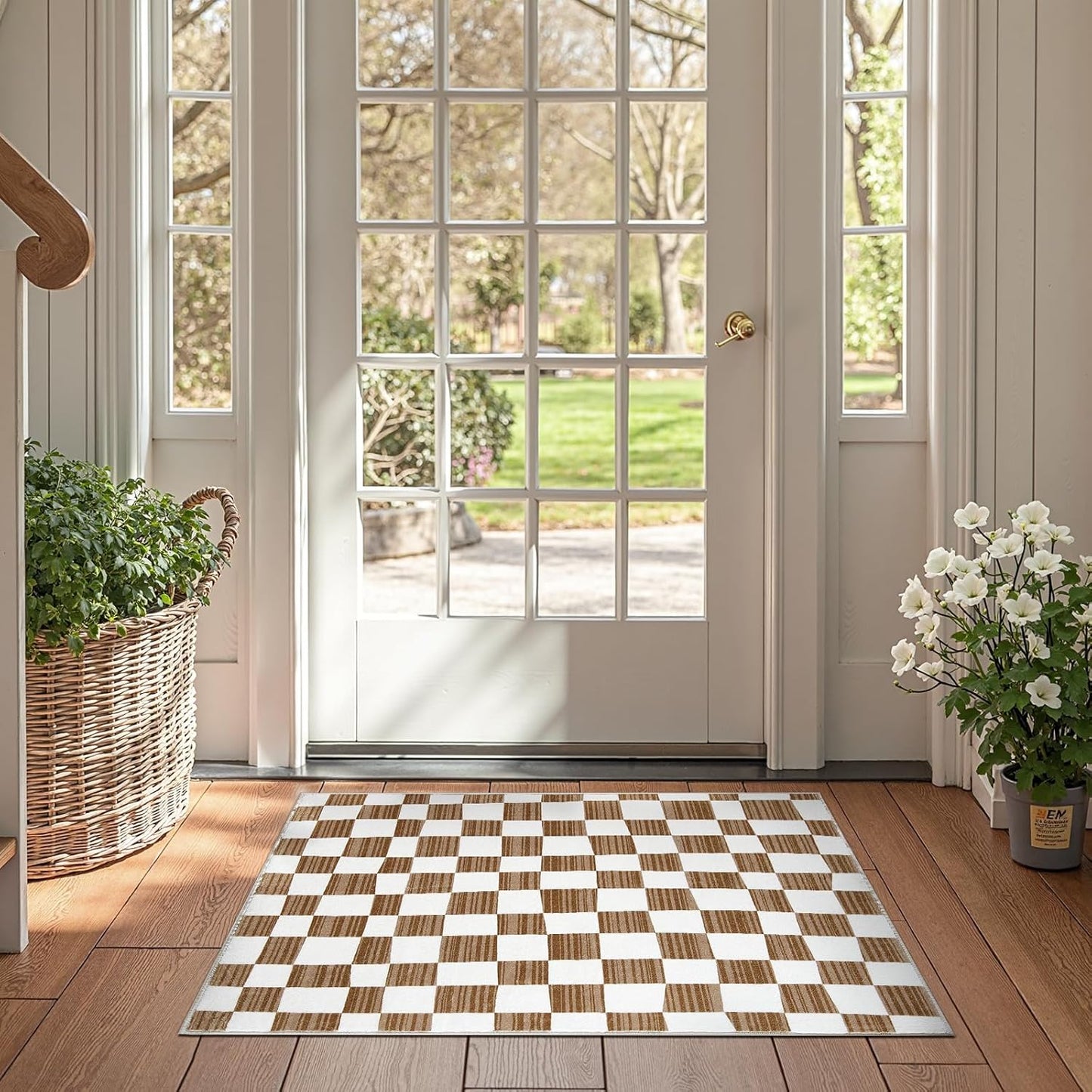 jinchan 2x3 Kids Area Rug Washable Indoor Entryway Doormat Modern Checkered Geometric Lattice Small Rug Non Slip Soft Carpet for Nursery Room Bedroom Bathroom Home Brown