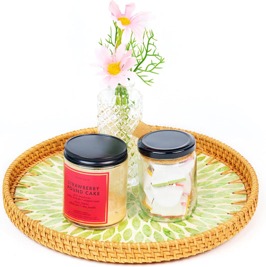 Round 12" Rattan Serving Tray with Mother of Pearl Inlay, Decorative Wicker Tray with Wooden Base for Coffee Table, Bread, Fruit, Food Display and Storage (Leaf)