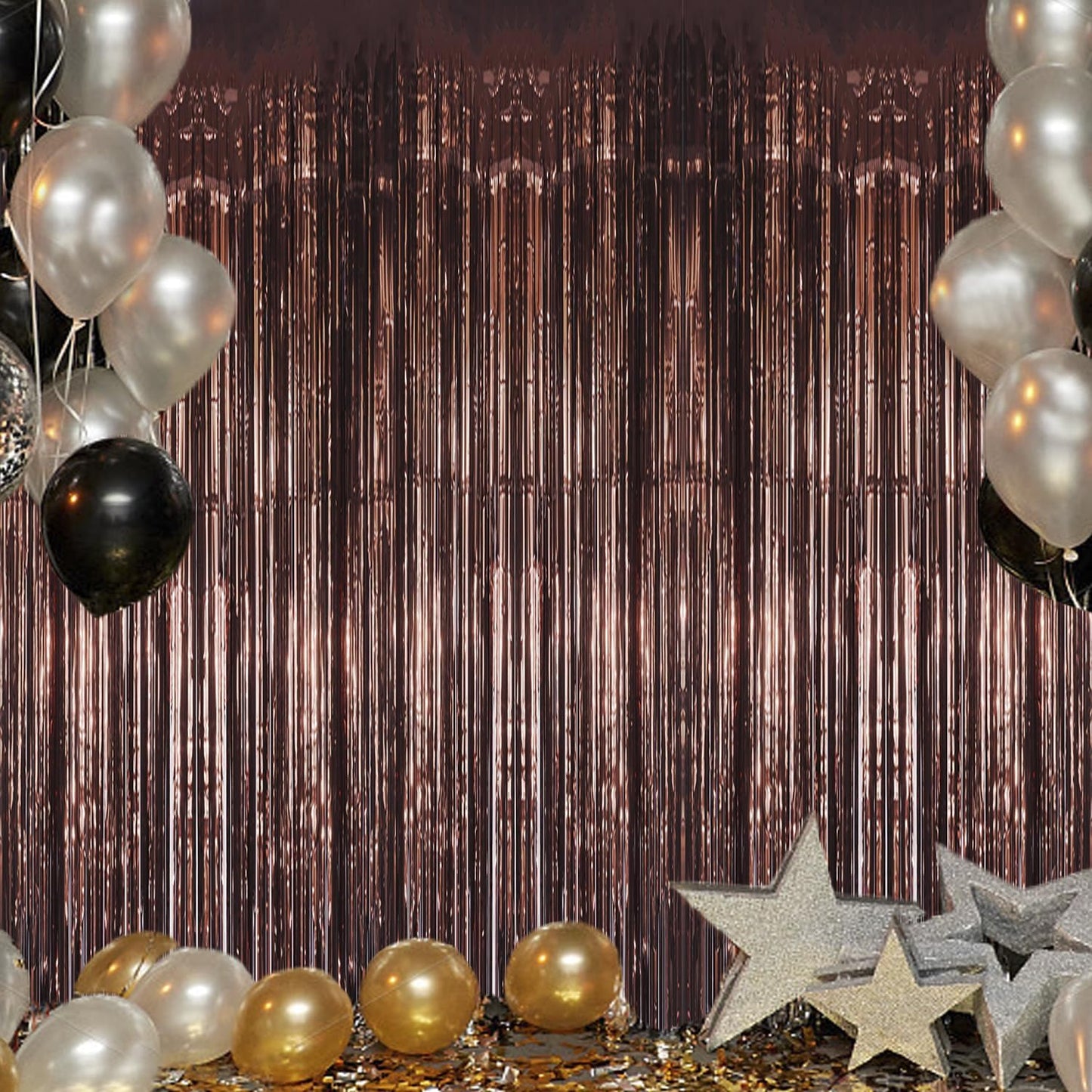 3 Pack Foil Fringe Backdrop - Brown Shiny Tinsel Curtains for Party Decoration/Photo Booth Props - 3.3x8.2 FT Metallic Foil Backdrop for Birthday, Wedding, Graduation, Christmas.