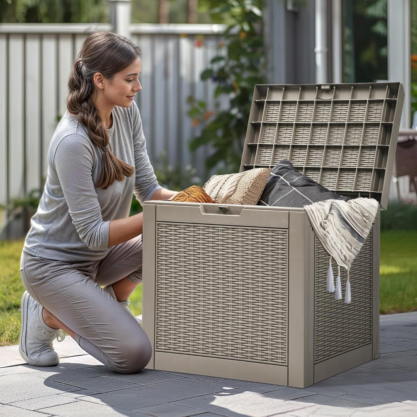 YITAHOME 32 Gallon Outdoor Storage Box, Water Resistant Resin Deck Box, Indoor Outdoor Lockable Storage Container for Patio, Garden, Cushions, Tools, Equipment(Brown)