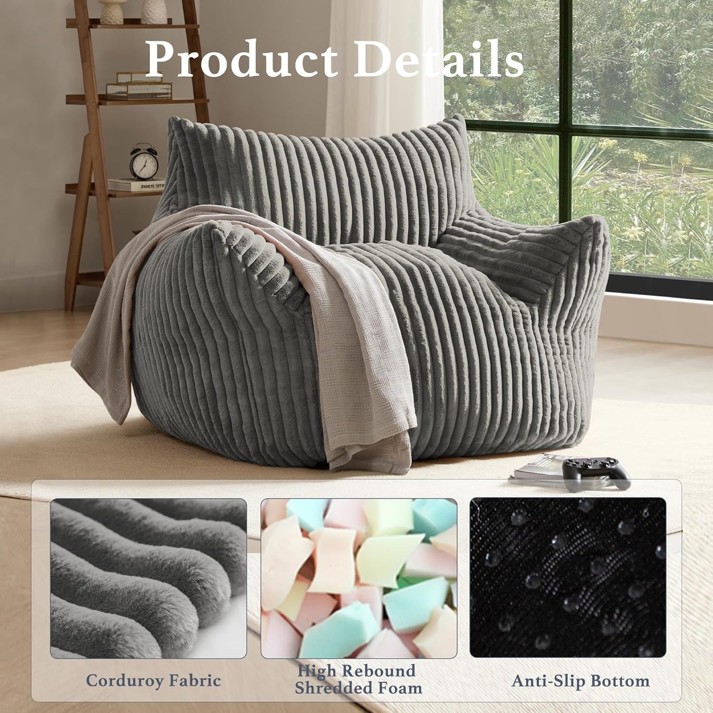 Giant Plush Bean Bag Chair for Adults with Armrests - Oversized Comfy Light Grey Beanbag Lounge Lazy Floor Sofa Accent Chair for Living Room, Bedroom & Dorm, Cozy Fluffy Single Cloud Mini Couch