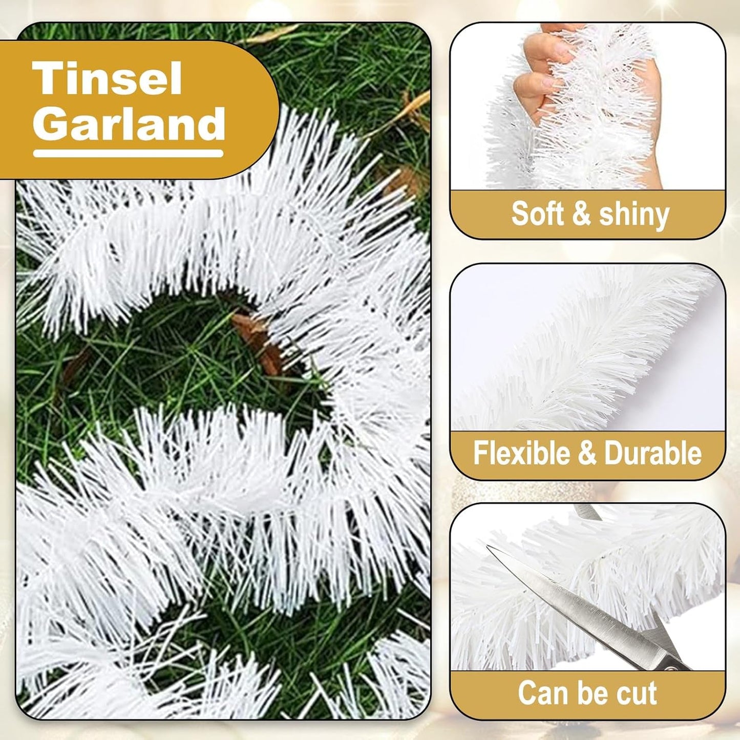 50 Feet Christmas Tinsel Garland, Metallic Twist Wall Hanging Backdrop for Parade Floats, Christmas Eve, New Year, Valentine's Day Party Decorations (Macaron White, 2in x 50ft)