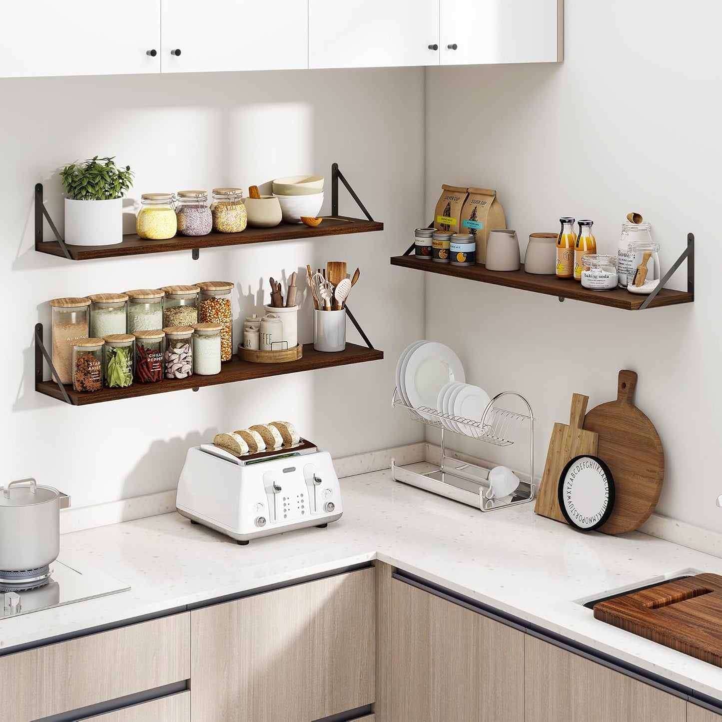 Heimlove 36 Inch Floating Bookshelves Set of 3,Heavy Duty Wall Mounted Bookshelves,Bookshelf for Living Room,Bedroom,Kitchen,Laundry Room Storage & Decor-Walnut Color