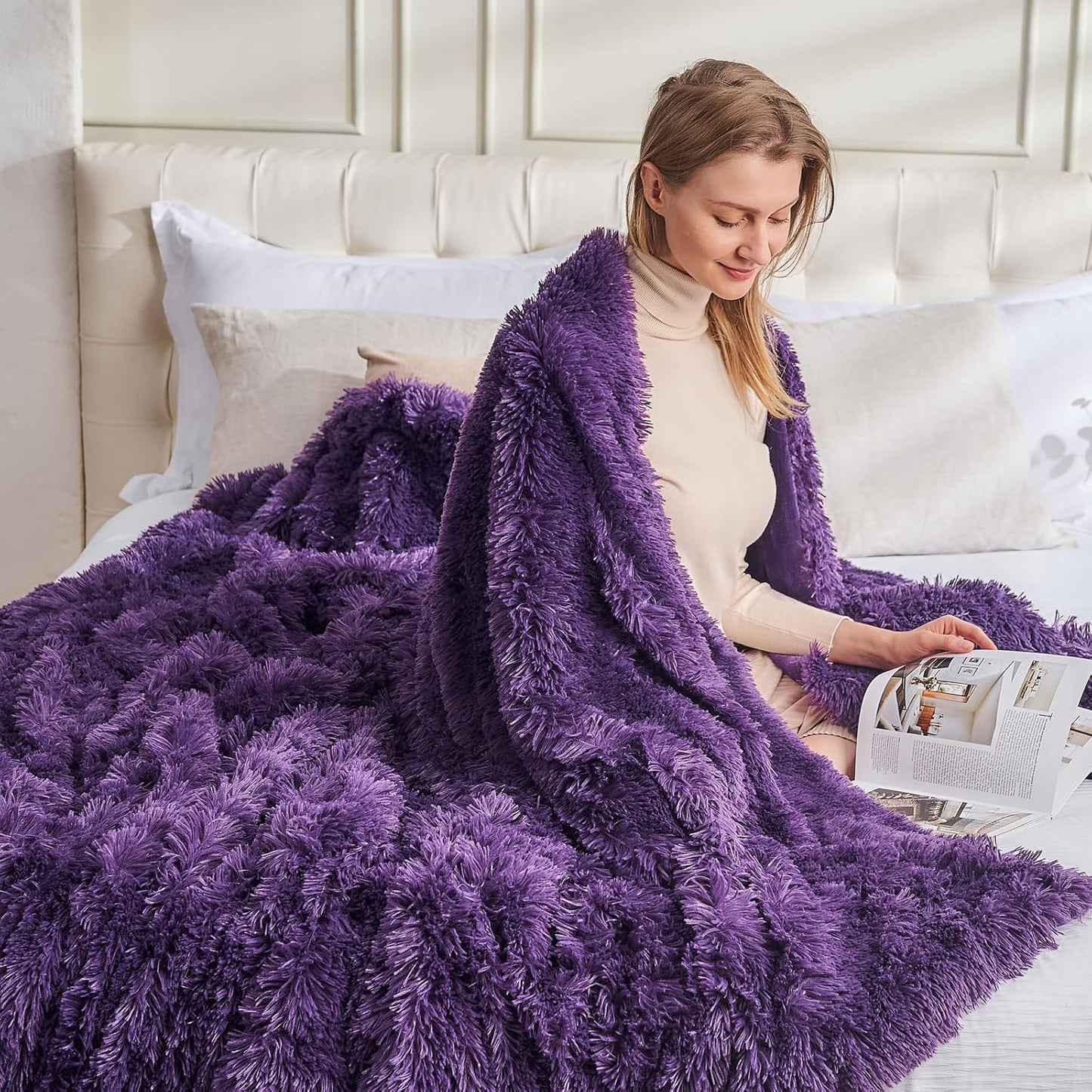 GONAAP Fuzzy Faux Fur Throw Blanket Purple Super Soft Cozy Plush Fuzzy Shaggy Blanket for Couch Sofa Bed (Purple, Throw(50"x60"))