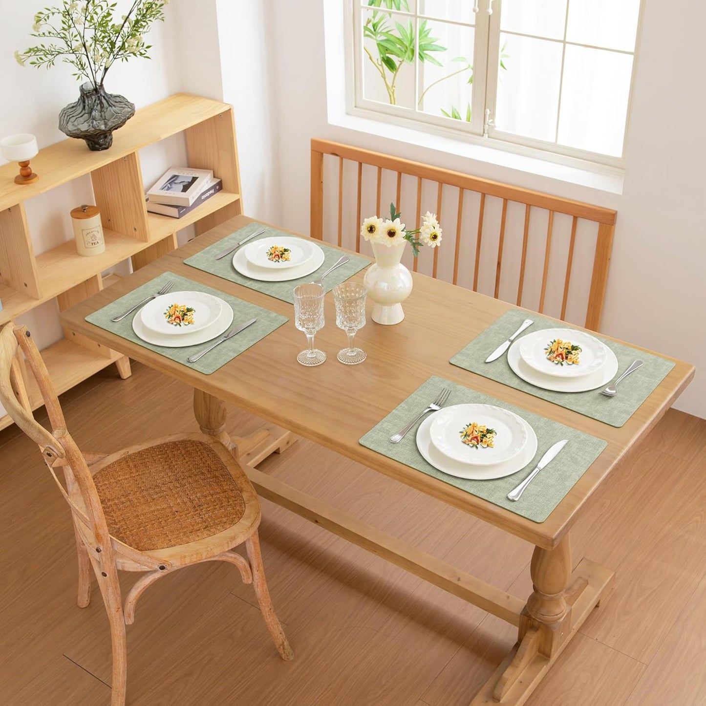 FROMHEART Faux Leather Placemats Set of 4–Waterproof,Heat/Oil Stain-Resistant PU Table Mat–Reversible,Non-Slip,Easy to Clean Place Mats for Kitchen,Dining,Indoor/Outdoor,(Light Green,11.8" x 17")