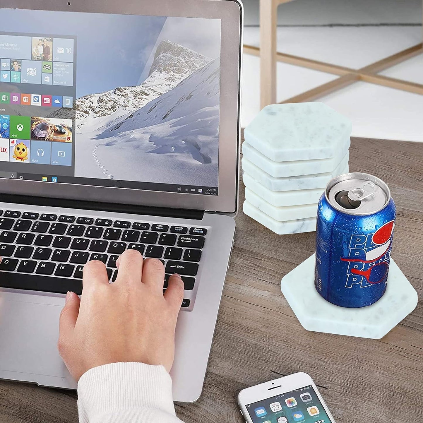 Set of 6 Hexagon Marble Coasters | White Decor for Modern Homes | Drink Coasters for Coffee Table, Dining, Bar or Office| Made from 100% Solid Real Marble | Cute Stone Coasters