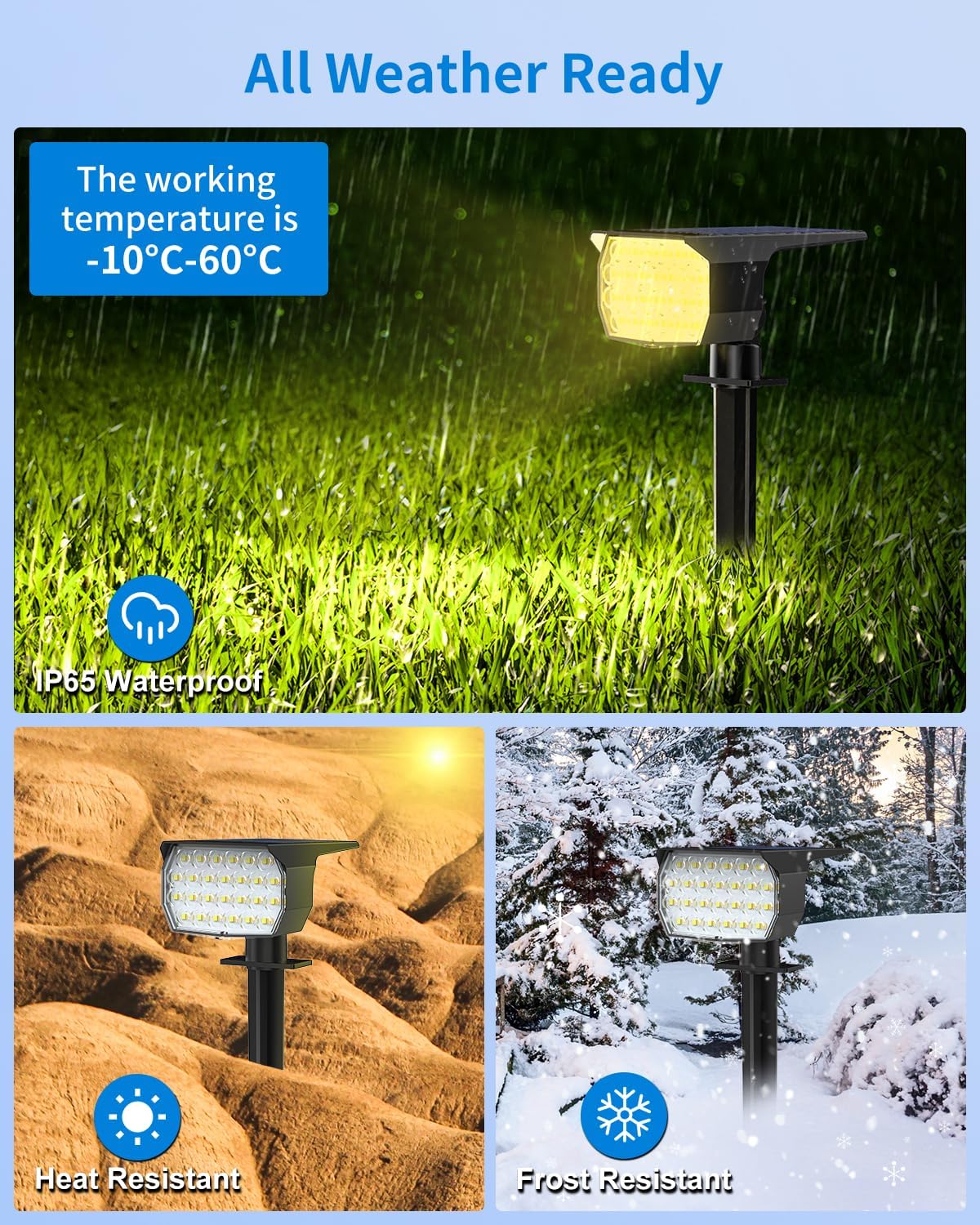 3 Colors Solar Lights Outdoor Waterproof IP65 Outdoor Spot Lights for Yard 52 LEDs 600LM Solar Powered Landscape Spotlights Solar Security Wall Lights for Garden Pathway Outside- 2 Pack