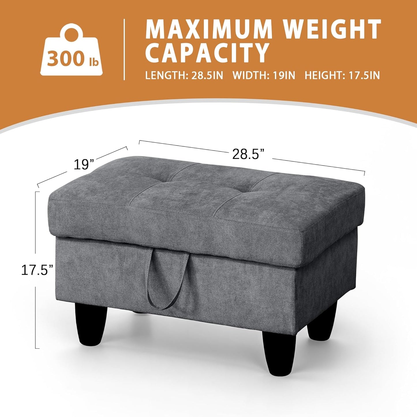 Ottoman Rectangular Storage Ottoman Bench, Flannel Footrest Stool Footstool with Lid for Living Room, Bedroom, Entryway, Dark Gray, 28.5"x19"x17.5"